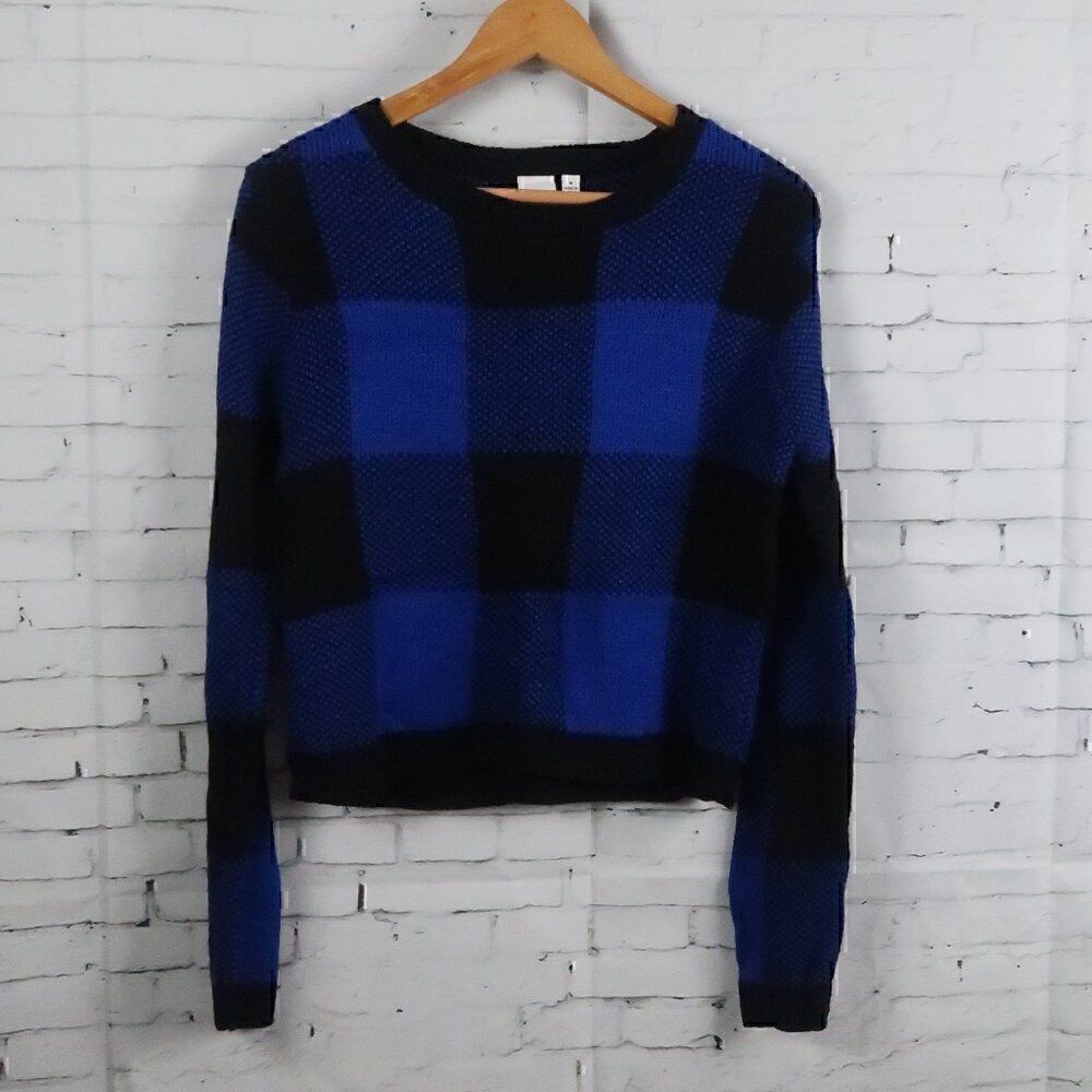 OH MG! BLACK & BLUE BUFFALO PLAID LONG SLEEVE ROUND NECK CROPPED SWEATER SIZE S